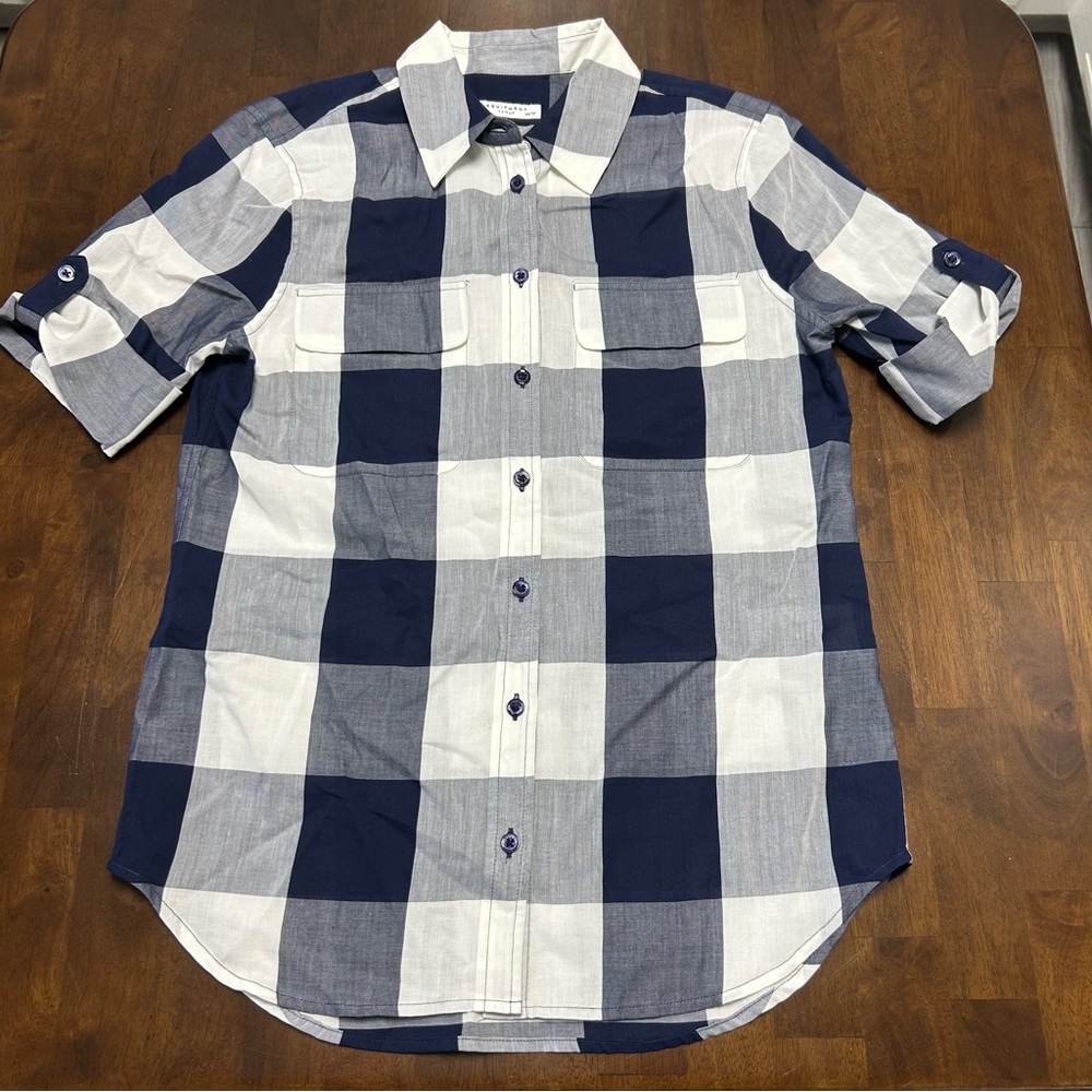 Equipment Button Down Shirt Navy Blue and White Checked Print Womens Size XS